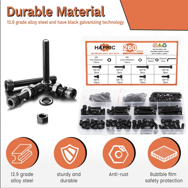 Hapric 260 Pcs M5 Screws Assortment Kit, M5x 8/10/12/16/20/25/30/35mm M5 Bolts Kit 12.9 Alloy Steel Nuts and Bolts Assortment Kit Black Zinc Plated Hex Socket Head Screws Nuts Bolts and Washers Set - Image 4